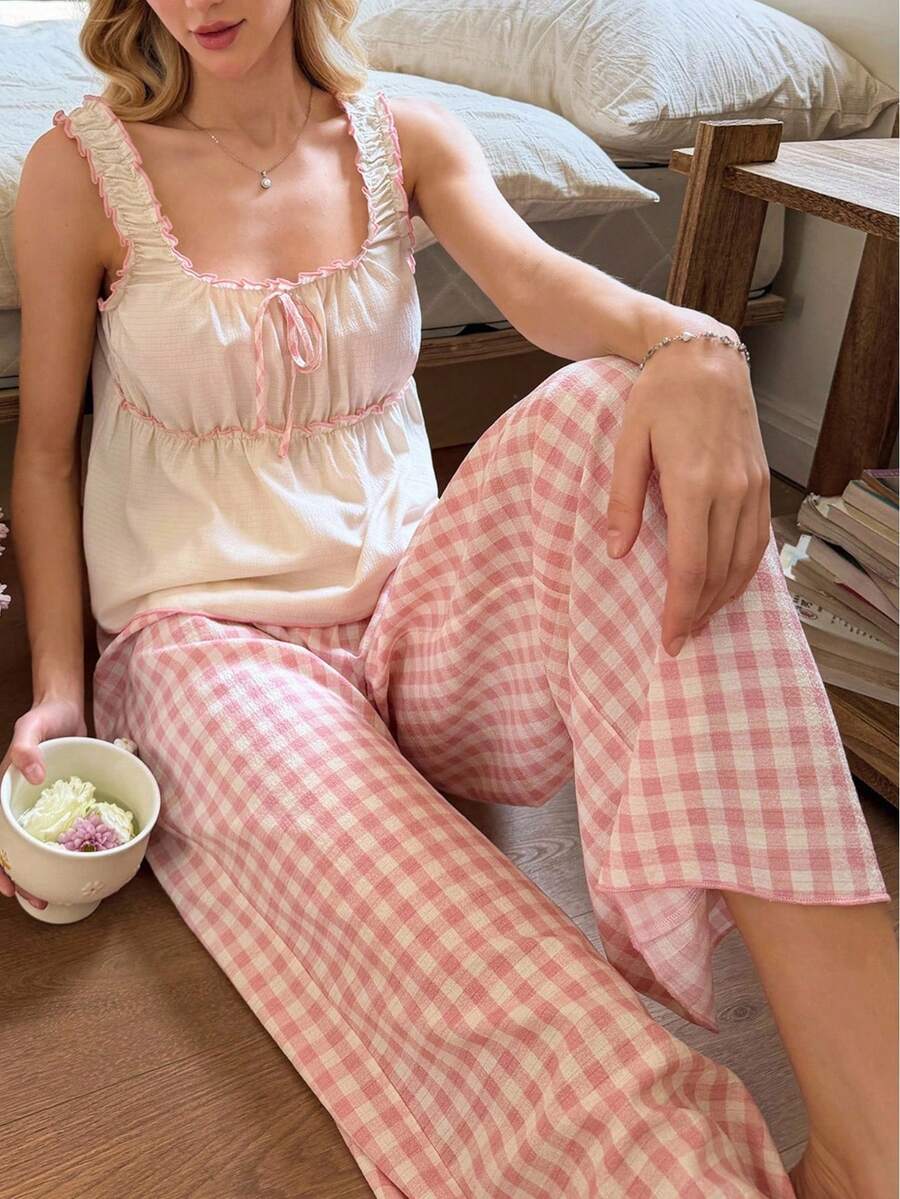 SHEIN Women's Romantic Plaid Pants + Frill Trim Square Neck Camisole 2 Pieces Pajama Set - Apricot - View 1