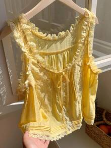 Comfortcana Áo kiểu không tay phối ren, màu vàng, chất liệu dệt, dáng rộng, thích hợp cho kỳ nghỉ xuân/hè. - Màu vàng - Xem 6