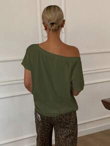 Livesso Kaos Wanita Lengan Pendek Tanpa Bahu untuk Musim Panas - Hijau Tentara - View 4