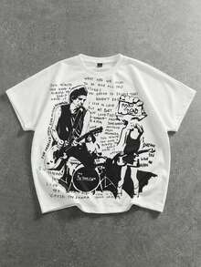 ROMWE MEN Grunge Punk Áo thun nam tay ngắn in hình vẽ tay, kiểu dáng thường ngày. - trắng - Xem 8