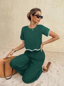 SHEIN Frenchy Women's Round Neck Short Sleeve Shirt And Pants Casual 2 Pieces Set - Dark Green - View 6