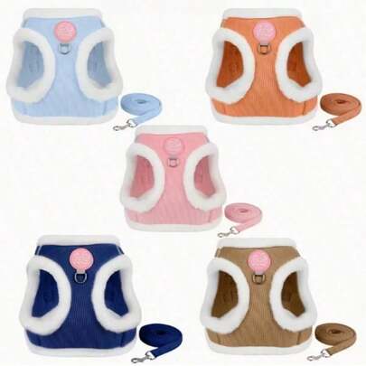 Soft & Reflective Cat/Dog Harness Vest - Pink, Blue Soft Warm Polyester Fleece | Adjustable, Metal Fittings, For Night Walking | Cat/Dog Winter Chest Strap Leash Set, Autumn/Winter Vest-Style Warm Pet Chest Strap Leash, Soft Warm Windproof Pet Chest Strap Leash Suitable For Small Pets Outdoor Travel