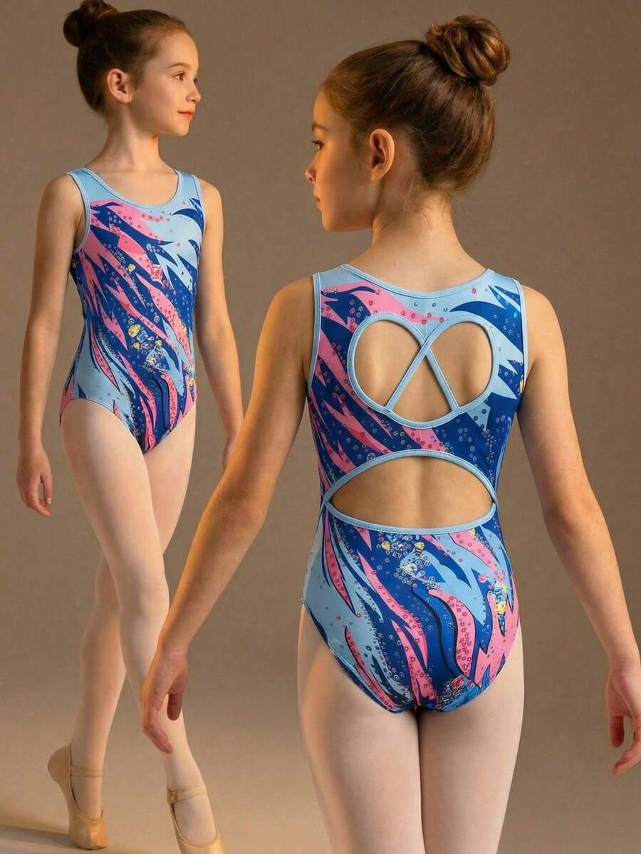 SHEIN 少女休闲运动体操瑜伽闪亮优雅印花高弹针织露背连体衣，体操服 - 藍色 - 查看 1