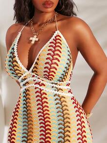 SHEIN SXY Plus Size Teal Boho Summer Beach Holiday Long Slip Dress,Yellow Woolen Fabric Contrasting Colors Embellishments,Elegant Casual Bohemian Slim Fit Dress - Multicolor - View 5