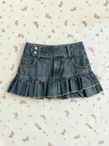 Elamini Women's Fashion Denim Skirt With Pockets And Ruffle Hem - Medium Wash - View 1