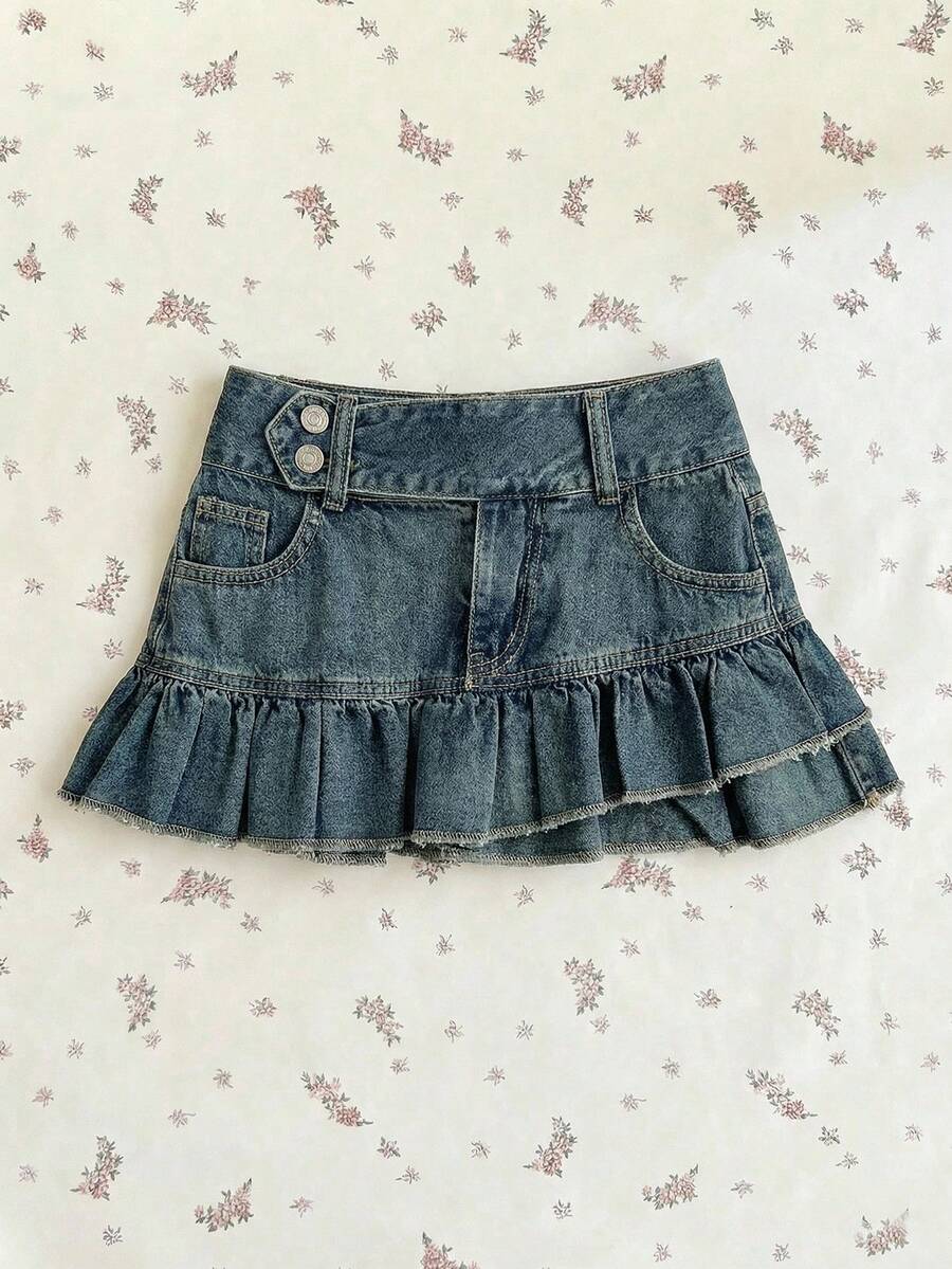Elamini Women's Fashion Denim Skirt With Pockets And Ruffle Hem - Medium Wash - View 1