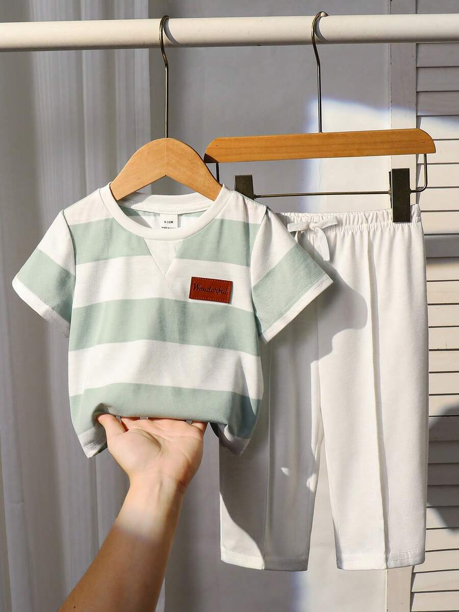 2pcs Baby Boy/Girl Cute Striped Short Sleeve T-Shirt And Elastic Waist Pants Set, Spring/Summer - Multicolor - View 1