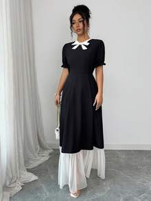 SHEIN Elenzya Square Neck Butterfly Print Ruffle Hem Mid-Length Dress, Suitable For Dates, Outings, Vacations, Holidays, Independence Day, Back To School, Teacher Outfits, Weddings, Parties, Music Festivals, Oktoberfest, Halloween, Thanksgiving And Other Occasions - Black - View 6