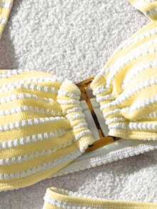 Swim Mod Women's Cute Vacation Pink Striped Halter Swimsuit Set - Yellow - View 6