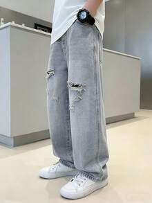 Denimly 男童休闲日常都市街头风弹力腰拉链口袋做旧设计直筒牛仔裤 - 中等水洗藍 - 查看 1