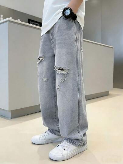 Denimly 男童休闲日常都市街头风弹力腰拉链口袋做旧设计直筒牛仔裤