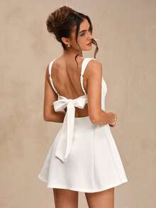 SHEIN BAE White Pleated Sleeveless Backless Bow Tie Mini Dress, Women's Spring/Summer, Back To School, Graduation Season, Pure White, Wedding Guest Attire, Minimalist Elegant Sexy Dress, Elegant Maxi Dress, Wedding Guest Outfit, Vacation & Date - White - View 2