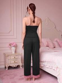 Bonmuse 女士睡衣套装（含蕾丝花边吊带背心和裤子） - 黑色 - 查看 2