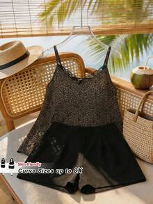 SHEIN CURVE+ 尺码 US22 大码女式豹纹撞色蕾丝吊带背心，适合音乐节、海滨度假、波西米亚风等场合，秋季女装，冬季，加大码/秋冬 - 彩色 - 查看 8