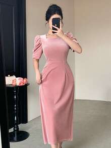 DAZY Vestido elegante de unicolor con mangas abullonadas, verano - Rosa - Ver 6