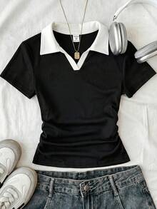 SHEIN 少女款海军蓝白领针织休闲撞色修身短款上衣，带小号Logo刺绣 - 黑與白 - 查看 3