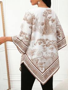 SHEIN Lady Áo kiểu nữ họa tiết cây cỏ, cổ tròn, tay chuông, vạt bất đối xứng - Nhiều màu - Xem 2