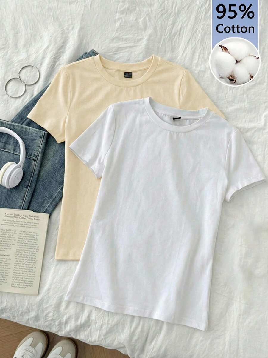 Tseoso 2件套休闲简约圆领短袖打底衫，杏色和白色，春夏款 - 彩色 - 查看 1