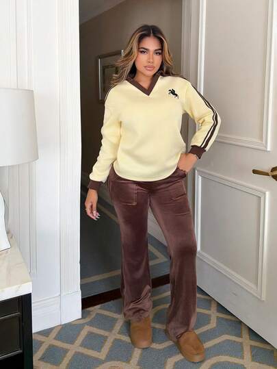 Maria Perezxox Women's Autumn/Winter Thermal-Lined Contrast Color Ribbon Embroidered Loose Polo Neck Sweatshirt For Going Out Outfits, Streetwear, Y2K Clothes