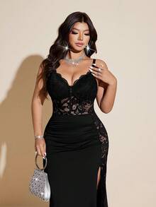 Viva Relle 大码女式黑色蕾丝性感镂空弹力针织连衣裙，百搭叠穿，适合派对、特殊场合、优雅场合、正式场合、大码女式连衣裙、约会之夜、曲线身材等各种场合。 - 黑色 - 查看 5