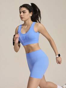 Exploreva Shorts de Ioga Sem Costura Femininos; Shorts Justos de Cintura Alta Que Afina o Quadril; Adequado para Caminhada, Corrida, Fitness, Uso Casual Diário - Azul - Visão 7