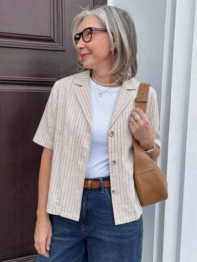 DAZY 条纹翻领短袖宽松露脐优雅度假春夏女式外套