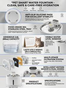 PETSIN Dispensador de agua automático inalámbrico para gatos - 88 onzas / 2.6 litros / 0.69 galones, con sensor de movimiento que detecta automáticamente el suministro de agua, ultra silencioso - Dispensador de agua para mascotas con batería - 2.6L - Ver 6