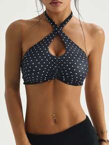 Dewbera 女士运动文胸，黑色波点，前部紧身褶皱，挂脖式，细肩带，后背交叉设计，可拆卸胸垫，性感运动文胸，适合日常休闲、网球、瑜伽、健身房及其他运动 - 黑色 - 查看 5