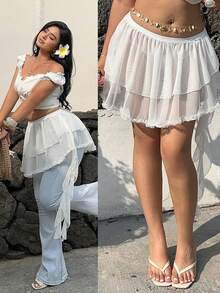 Sunnyshic Minifalda dulce de doble capa con decoración de encaje y cinta para mujer de talla grande - Blanco - Ver 1