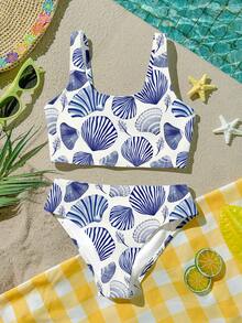 少女贝壳印花比基尼和三角裤休闲简约套装，适合夏季度假和海滩穿着 - 彩色 - 查看 4