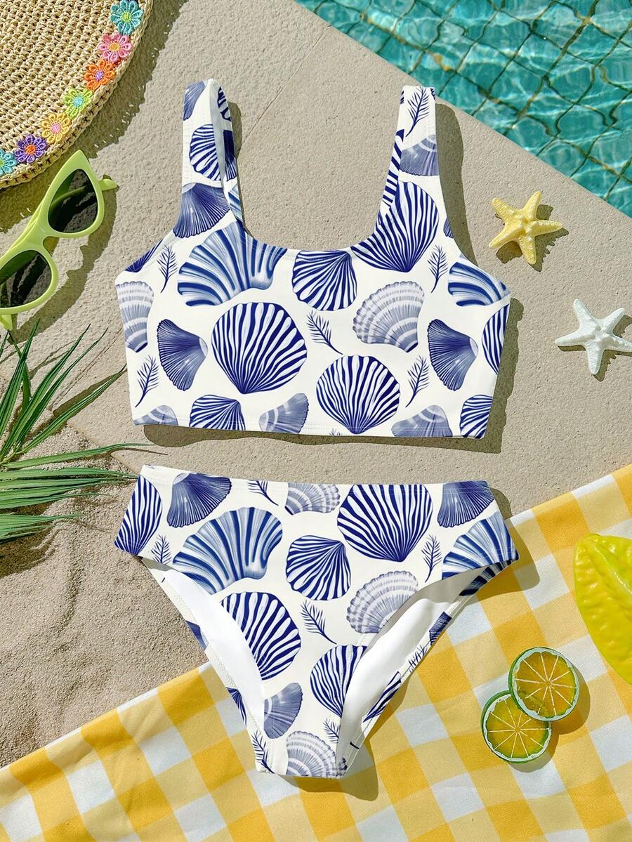 Conjunto de bikini y tanga triangular con estampado de conchas para niña preadolescente, estilo minimalista casual, adecuado para vacaciones de verano y playa - Multicolor - Ver 1
