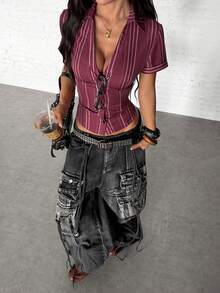 StreetHx Women's V-Neck Striped Short Sleeve Shirt - Burgundy - View 6