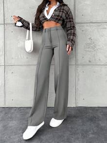 SHEIN 小码女士纯色简约日常商务裤 - 灰色 - 查看 3