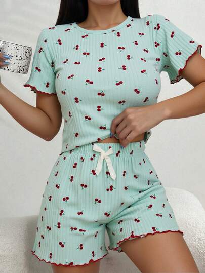 Loomlin Women 2 Pcs Cheery Pattern Short Sleeved & Shorts Homewear Cute Pajama Set Women Short Women Pajama Pants Nighty Lounge Sets For Women Short Sets
