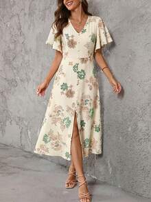 Solivie Women's Casual Floral Print & Embroidery Long Dress, Summer - Apricot - View 5