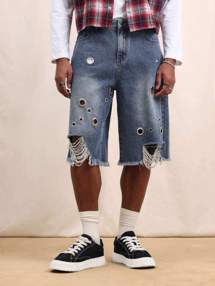 SUMWON Men's Distressed Denim Shorts With Metal Eyelet Embellishments And Raw Frayed Hem Detail Summer Casual Streetwear Style Knee Length Baggy Jorts