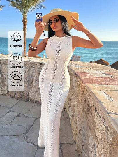 EURMUSE Crochet Hollow Out Beachwear Maxi Dress