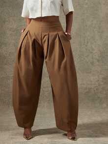Vixey High Waist Pleated Detail Barrel Leg Office Pants, Office Work Wear - Brown - View 1