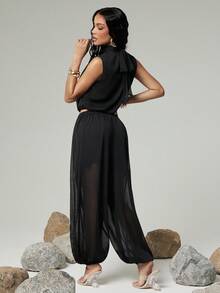 Hauture Women's Sexy Vacation Pleated Chiffon Balloon Hem Long Pants - Black - View 6