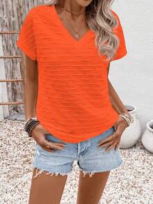 EMERY ROSE Camiseta casual versátil de punto jacquard, nueva llegada de primavera/verano para mujer - Naranja - Ver 6