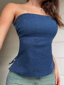 DAZY 夏季女士休闲侧开衩露背抹胸牛仔上衣 - 中等水洗藍 - 查看 10