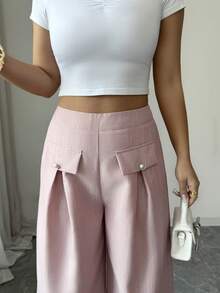 Elenzga Women's Pink Faux Pocket Design Elegant Wide Leg Pants For Commuting - Pink - View 4