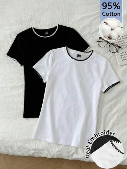 Tseoso 2 piezas Camiseta básica de manga corta y cuello redondo con bordado de dientes de perro en color de contraste, estilo minimalista casual, adecuada para salidas, estilo callejero, elegante, combinación familiar, combinación de hermanas, primavera/verano