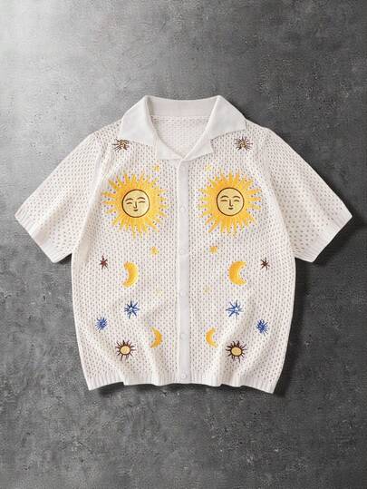 ROMWE MEN Men's Sun Face Embroidery Hollow Out Knitted Cardigan