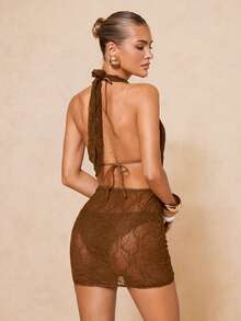 Lumalex 纯色纹理面料金属花朵垂褶领口露背时尚性感比基尼三件套泳衣套装 - 棕色 - 查看 8