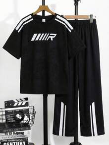 SHEIN Little Byeori 男童简约纯色小写字母撞色纹理深灰色短袖T恤搭配乳白色工装裤套装，休闲学院风，舒适时尚，简约实用，百搭柔软面料，适合日常穿着，适合上学，适合旅行，适合户外运动，适合春、夏、秋、冬四季。 - 彩色 - 查看 3