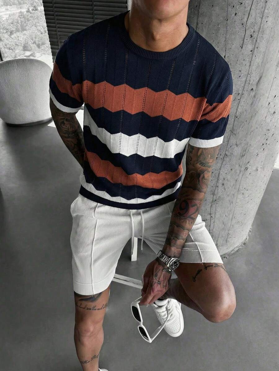 Manfinity Homme Men's Striped Pattern Crew Neck Knit Top,Navy And White Summer Casual Vacation Short Sleeve Stripe T Shirt,College Style Polo Knit Tshirt Rugby Shirt - Royal Blue - View 1