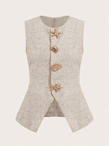 Ellevyn Top elegante sin mangas para mujer con botones de conchas y estrellas - Albaricoque - Ver 6