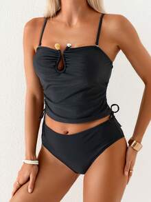 Swim Basics Fashionable Hot-Selling Solid Color Tankini Swimwear For Summer - Black - View 2