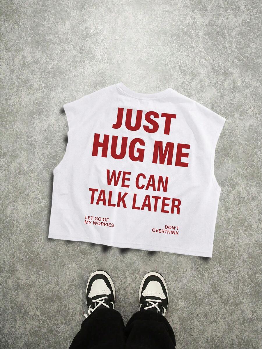 Manfinity ZONE917 Áo tank top dáng rộng, thoải mái theo phong cách đường phố, in khẩu hiệu "JUST HUG ME" và hình in lớn ở phía sau, màu trắng. - trắng - Xem 1